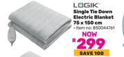 Logik Single Tie Down Electric Blanket 75 x 150cm 850044761