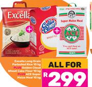 Excella Long Grain Rice 10kg + Golden Cloud Wheat Cake Flour 10kg +ACE Super Maize Meal 10kg-For All