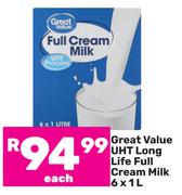 Great Value UHT Long Life Full Cream Milk-6 x 1Ltr