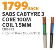 Sabs Cabtyre 3 Core 100m Coil (1.5mm Black) 1389793-Per Roll
