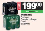Windhoek Premium Draught Or Lager Cans-For 2 x 6 x 500ml