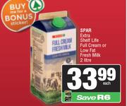 Spar Extra Shelf Life Full Cream Or Low Fat Fresh Milk-2L