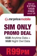 Mr Price Mobile 10GB Promo Deal (Sim Only) 5GB Anytime Data + 5GB Night Owl Data