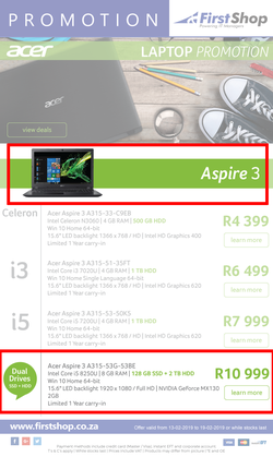 First Shop : Acer Laptops Promo (13 Feb - 19 Feb 2019), page 1