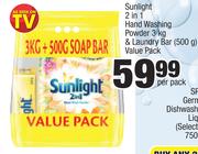 Sunlight 2 In 1 Hand Washing Powder 3kg And Laundry Bar 500g Value Pack-Per Pack