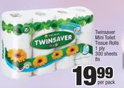 Twinsaver Mini Toilet Tissue Rolls 1 Ply 300 Sheets-8's Per Pack