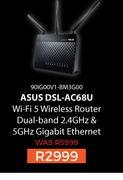Asus DSL-AC68U WiFi 5 Wireless Router Dual Band 2.4Ghz & 5Ghz Gigabit Ethernet 90IG00V1-BM3G00
