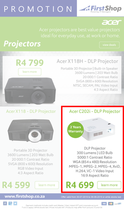 First Shop : Acer Projectors Promo (30 July - 6 Aug 2019), page 1