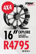 16" 4x4 Tsw Explore Black With Machined Face-Per Set Of 4