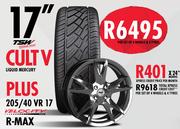 17" Tsw Cult V Liquid Mercury Plus 205/40 VR 17 Velocity R-Max Per Set Of 4 Wheels & 4 Tyres