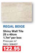 Regal Beige Shiny Wall Tile 25 x 40cm-1.7 Sqm Per Box
