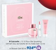 Lacoste L.12.12 Pour Elle Sparkling Gift Set:Eau De Toilette-50ml,Roller Ball-7.4ml & Shower Gel-50m