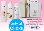 Dove Heavenly Glow Gift Set Of Aerosol 150ml, Body Wash 250ml, Body Lotion 250ml & Bag