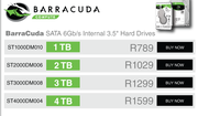 Seagate BarraCuda SATA 6Gb/s Internal 3.5” 1TB Hard Drives ST1000DM010