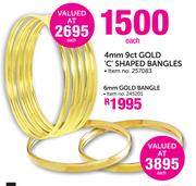 4mm 9ct Gold 'C' Shaped Bangles-Each
