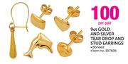 9ct Gold & Silver Tear Drop & Stud Earrings-Per Pair