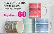 New Bone China Decal Mugs-4 Pack