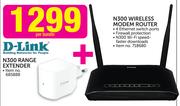 D-Link N300 Range Extender+ N300 Wireless Modem Router-Per Bundle