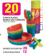 5 Pack Plates, Bowls Or Tumblers-Per Pack