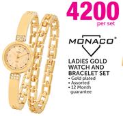 Monaco Ladies Gold Watch And Bracelet Set-Per Set