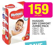 Huggies Dry Comfort Jumbo Pack Size 3-76's,Size 4-66's,Size 5-56's,Size 4+-60's Per Pack