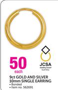 9ct Gold and Silver 10mm Single Earring-Each