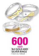 9ct Gold and Silver Rings-Each