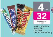 Mars, Bounty, Snickers Or Twix Chocolates-4x57g