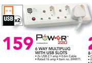 Power 220 6 Way Multiplug With USB Slots