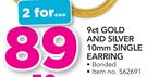 9Ct Gold And Silver 10mm Single Earring Bonded-For 2