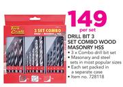 Tork Craft Drill Bit 3 Set Combo Wood Masonry HSS