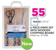 Mainstays 6 Piece Knife Set With Wooden Chopping Board