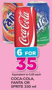 Coca-Cola, Fanta or Sprite - 6 x 330ml