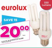 Eurolux 11W CFL 3U Screw Or Clip Globe Type-Each
