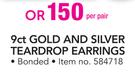 9Ct Gold And Silver Teardrop Earrings Bonded-Per Pair