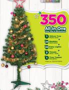 All In 1 150cm Tree With Plastic Stand + 24 Baubles + 20 Fairy Lights + 2 Tinsels And 1 Tree Topper.