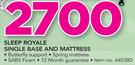 Sleep Royale Single Base And Mattress Including 2 Ball Fibre Pillows
