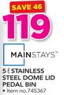Mainstays 5Ltr Stainless Steel Dome Lid Pedal Bin
