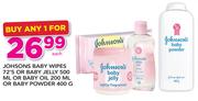 Johnsons Baby Wipes 72's Or Baby Jelly 500ml Or Baby Oil 200ml Or Baby Powder 400g-Each