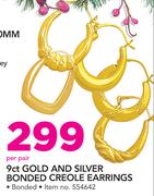 JCSA 9ct Gold And Silver Bonded Creole Earrings-Per Pair