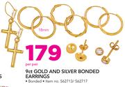 JCSA 9ct Gold And Silver Bonded Earrings-Per Pair