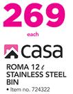 Casa Roma 12Ltr Stainless Steel Bin