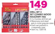 Tork Craft Drill Bit 3 Set Combo Wood Masonry HSS-Per Set