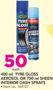 Shield 400ml Tyre Gloss Aerosol Or 750ml Sheen Interior Dash Sprays-Each
