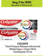 Colgate Total Plaque Release Advanced Whitening Or Clean Mint Toothpaste-For 2 x 75ml