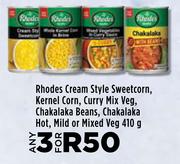 Rhodes Cream Style Sweetcorn,Kernel Corn,Curry Mix Veg,Chakalaka Beans,Chakalaka Hot-For 3 x 410g