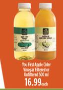 You First Apple Cider Vinegar Filtered Or Unfibered-500ml Each