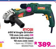 Ryobi 650W Angle Grinder 115mm HG-655 Or 550W Drill Impact 10mm HID-550-Each