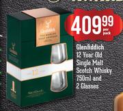 Glenfiddich 12 Year Old Single Malt Scotch Whisky-750ml & 2 Glasses-Per Pack