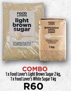 1 x Food Lover's Light Brown Sugar 2Kg, 1 x Food Lover's White Sugar 1Kg-Combo